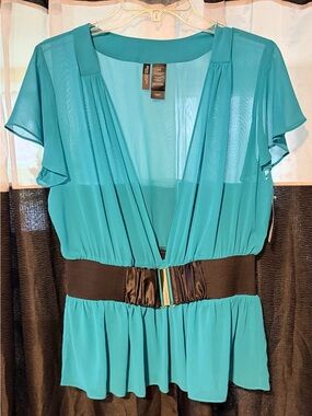 NWT Bisou Bisou Teal and Aqua Sheer V-Neck Blouse